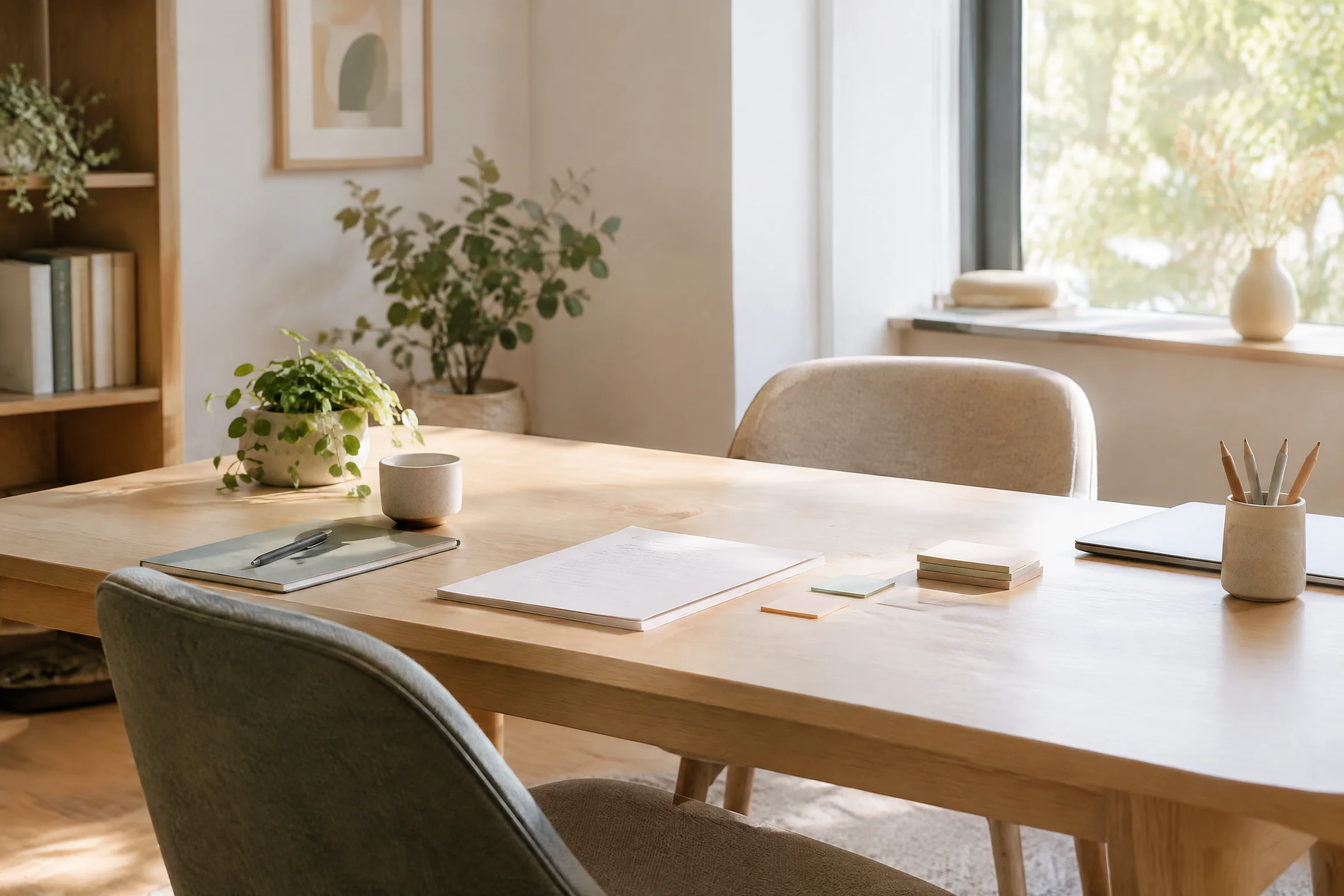 A calm work table and empty chair