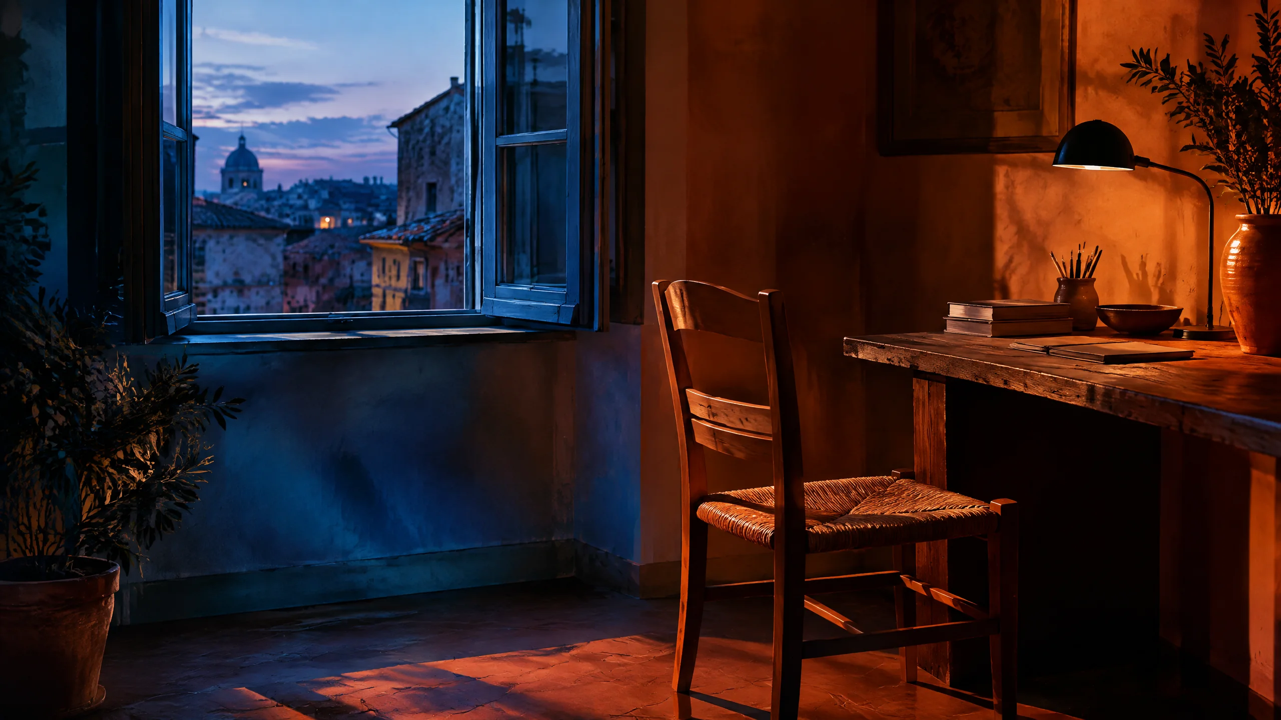 Evening open window by a work table