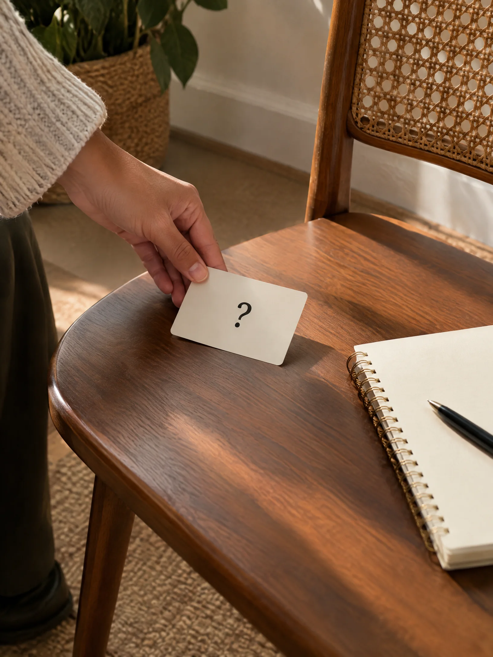 Hand placing a question card